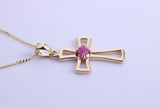 Natural Ruby set 25 mm Long Cross Together with 18 Inch Long Chain, Made from Solid Yellow Gold with High Polished Finish