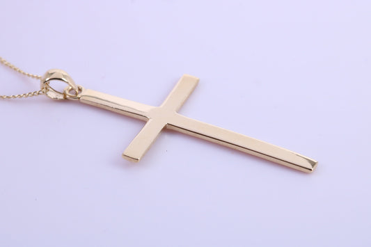 Simple 40 mm Long Cross Together with 18 Inch Long Chain, Made from Solid Yellow Gold with High Polished Finish