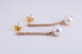 8 mm Round Natural Freshwater Pearl and C Z set Dropper Earrings set in Solid Silver with 18ct Yellow Gold Plating