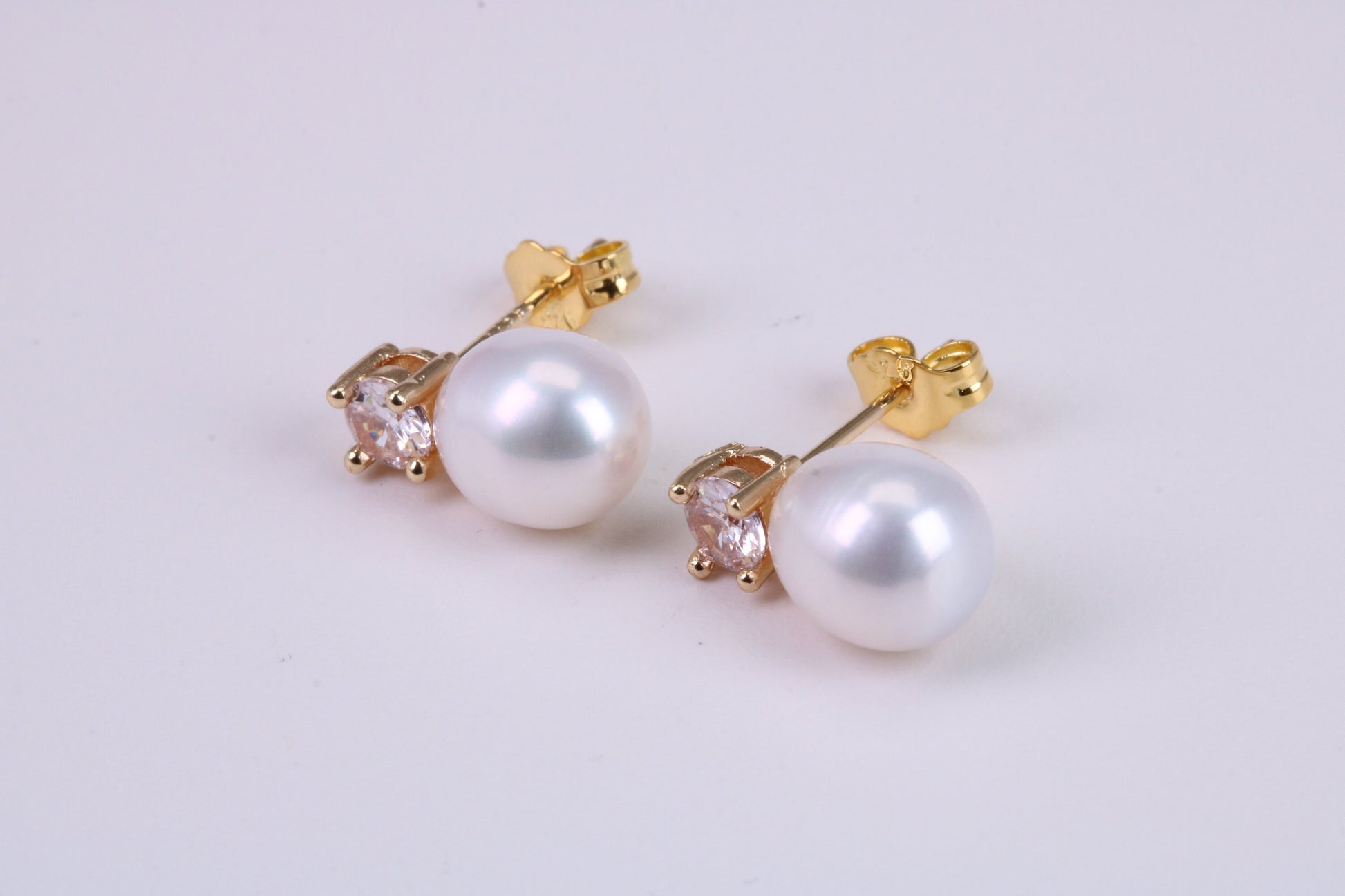 Oval Natural Freshwater Pearl and C Z set Stud Dropper Earrings set in Solid Silver and 18ct Yellow Gold Plated