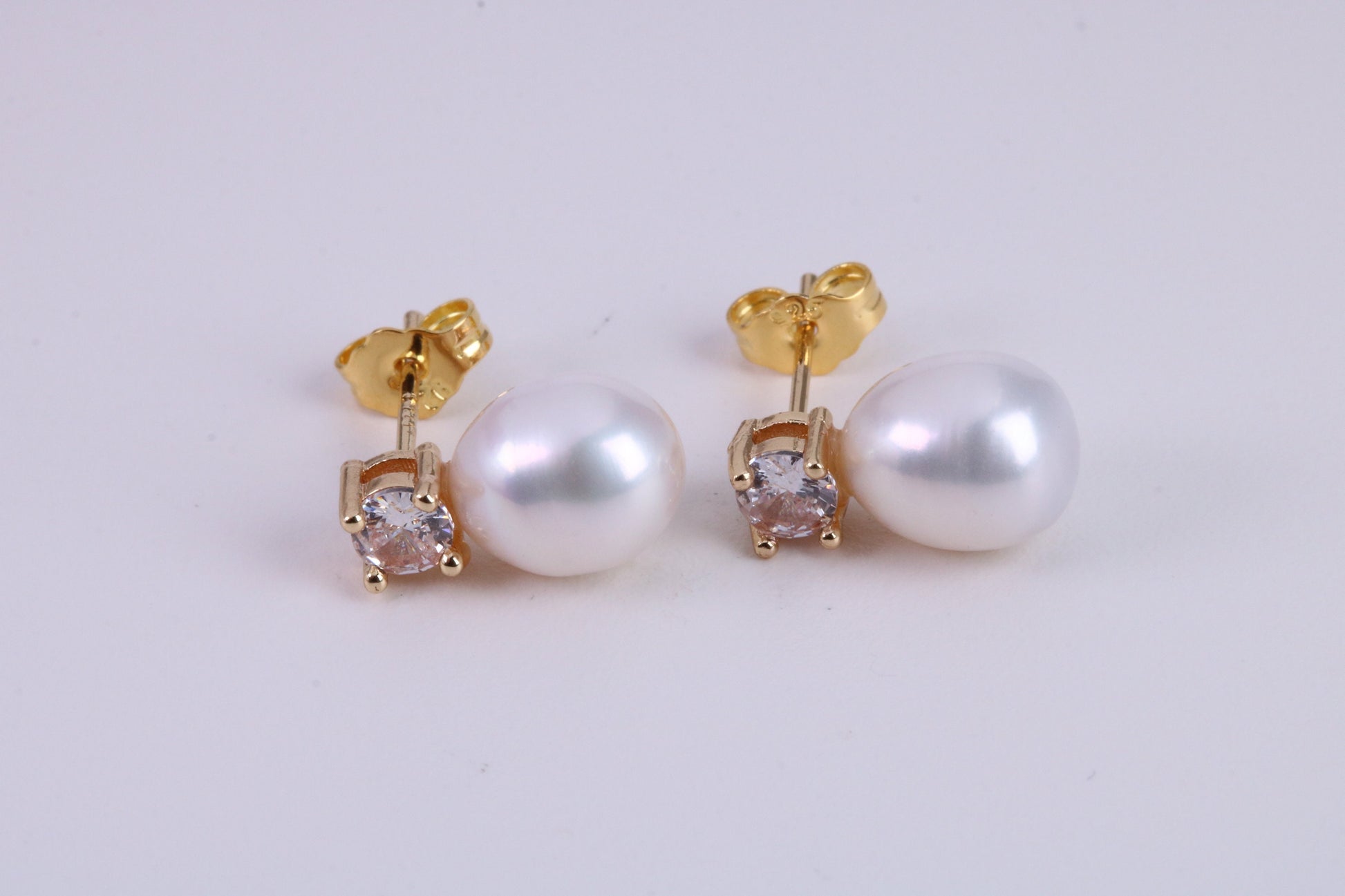 Oval Natural Freshwater Pearl and C Z set Stud Dropper Earrings set in Solid Silver and 18ct Yellow Gold Plated