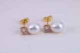 Oval Natural Freshwater Pearl and C Z set Stud Dropper Earrings set in Solid Silver and 18ct Yellow Gold Plated