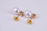 Oval Natural Freshwater Pearl and C Z set Stud Dropper Earrings set in Solid Silver and 18ct Yellow Gold Plated