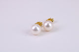 Natural 9 mm Round Pearl Stud Earrings set in Solid Silver and 18ct Yellow Gold Plated