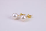 Natural 9 mm Round Pearl Stud Earrings set in Solid Silver and 18ct Yellow Gold Plated