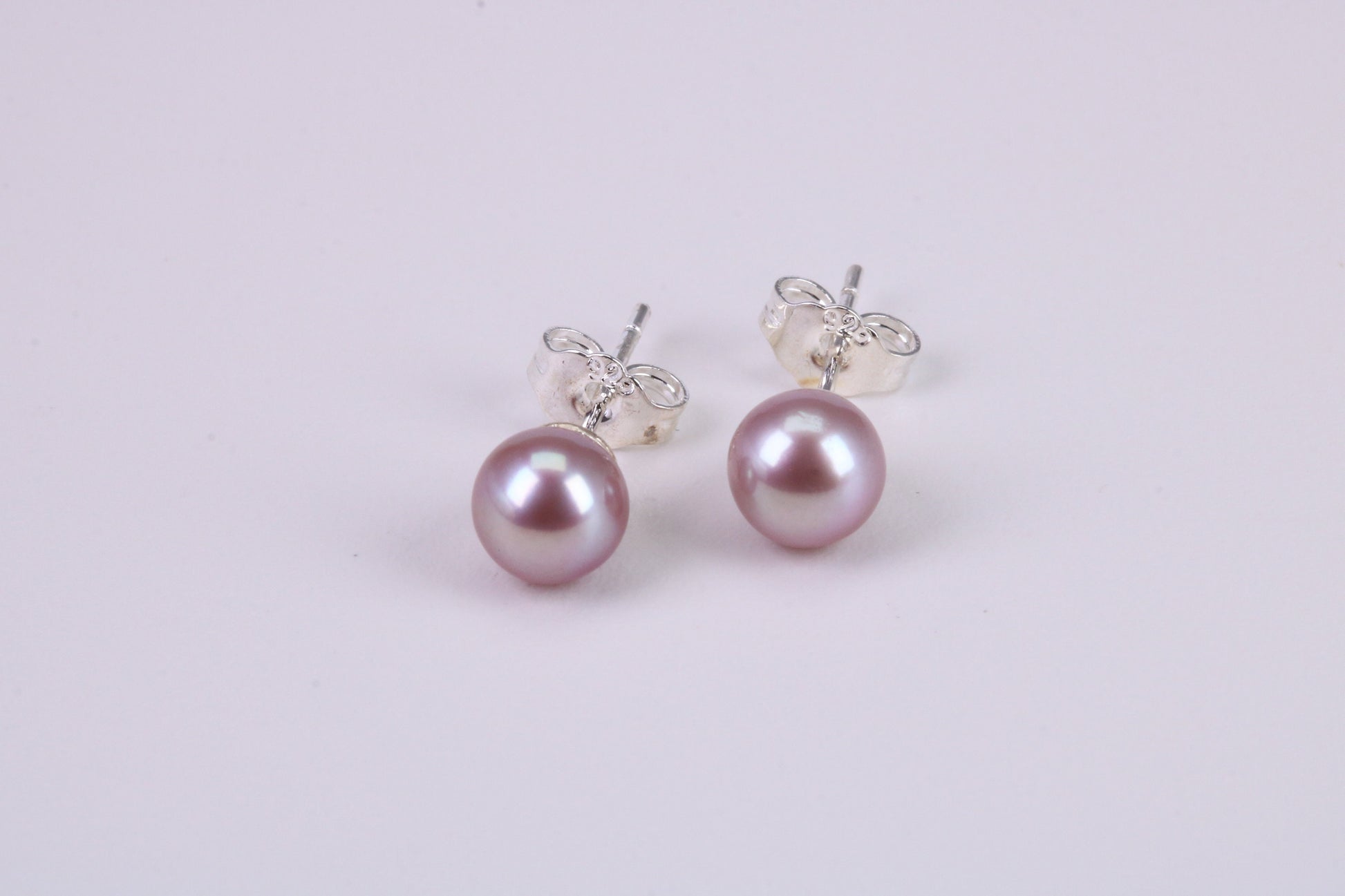 Natural 7 mm Round Purple Pink Colour Pearl Stud Earrings set in Solid Silver