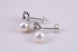 Natural 8 mm Round Pearl and Cubic Zirconia set Stud Earrings set in Solid Silver
