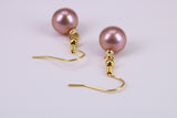 10 mm Round Natural Pink Purple Pearl Dropper Earrings set in Solid Silver and 18ct Yellow Gold Plated