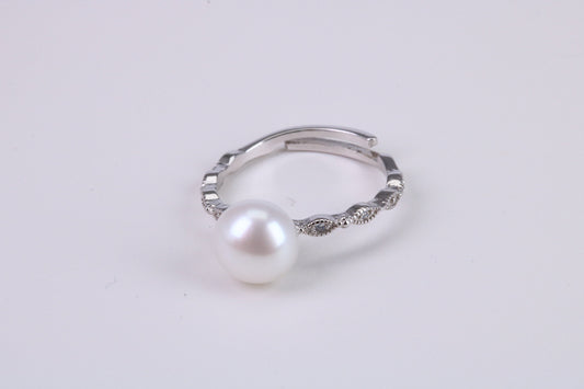 Natural 8 mm Round Pearl and Cubic Zirconia set Ring set in Solid Silver