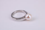 Natural 8 mm Round Pearl and Cubic Zirconia set Ring set in Solid Silver
