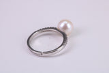 Natural 8 mm Round Pearl and Cubic Zirconia set Ring set in Solid Silver