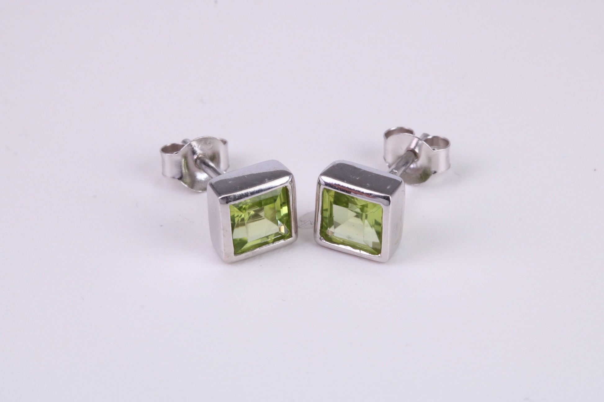 Real 6 mm Square cut Peridot set Stud Earrings, Very Dressy, Made from Solid 925 Grade Sterling Silver