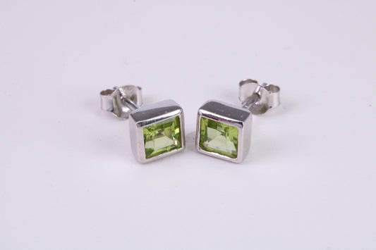 Real 6 mm Square cut Peridot set Stud Earrings, Very Dressy, Made from Solid 925 Grade Sterling Silver