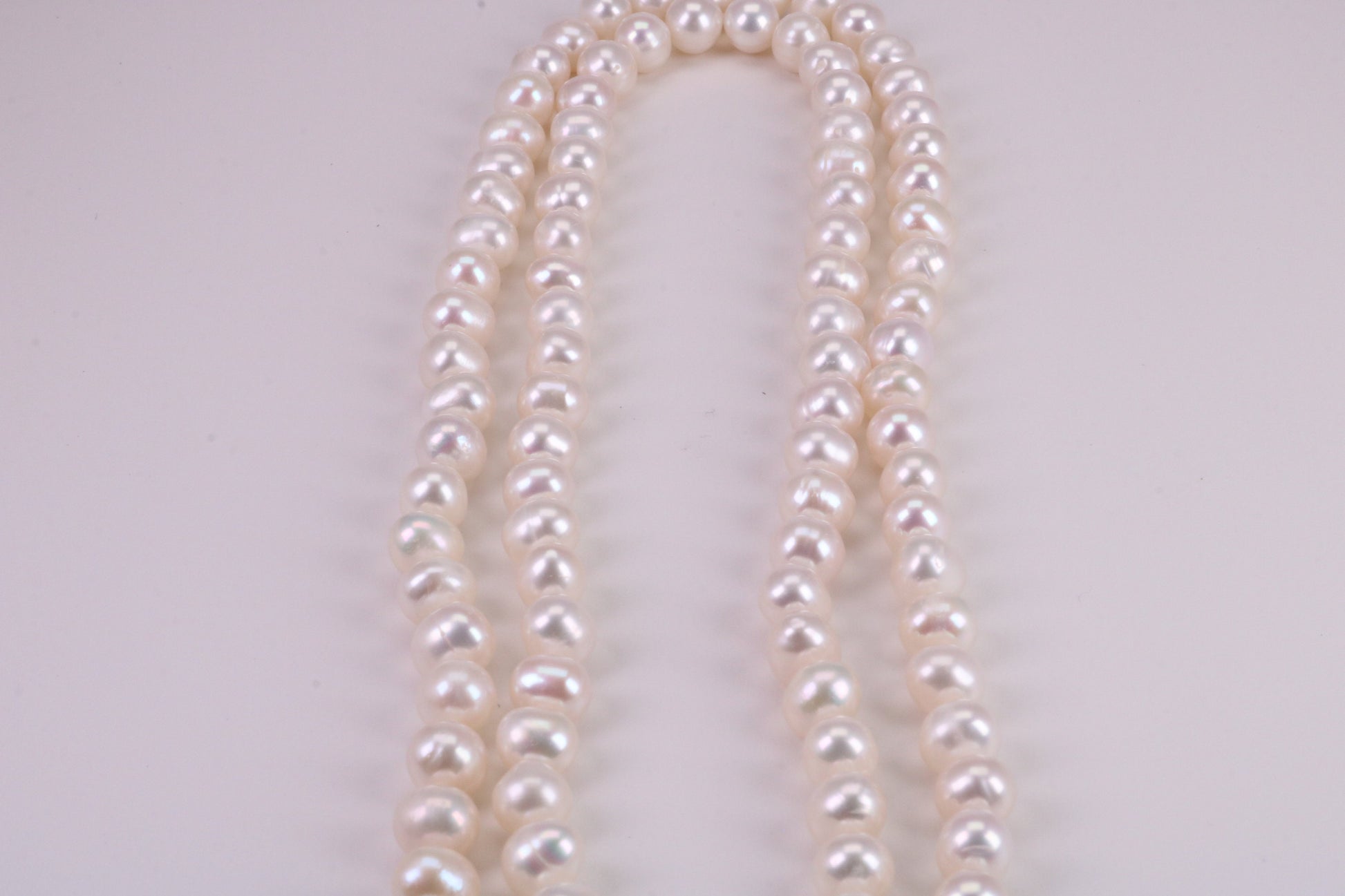 Two Strand Natural 8 mm Round Pearl Necklace set in Silver, Two Strands Measures 18 and 20 inches Long