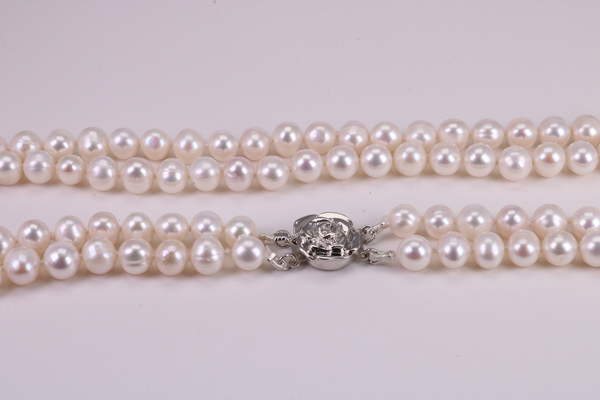 Two Strand Natural 8 mm Round Pearl Necklace set in Silver, Two Strands Measures 18 and 20 inches Long