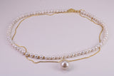 Single Strand Natural 8 mm Round Pearl Necklace with Single Pearl Pendant Chain set in Silver and 18ct Yellow Gold Plated