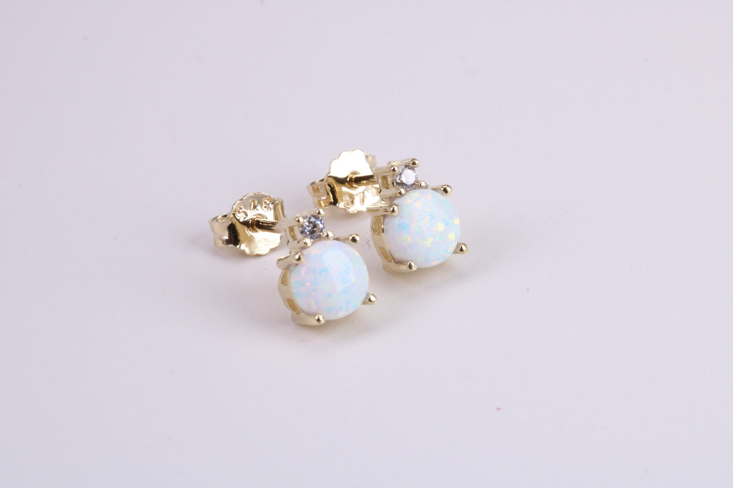 Natural Round cut Opal set and C Z set Stud Earrings Made from Solid Yellow Gold