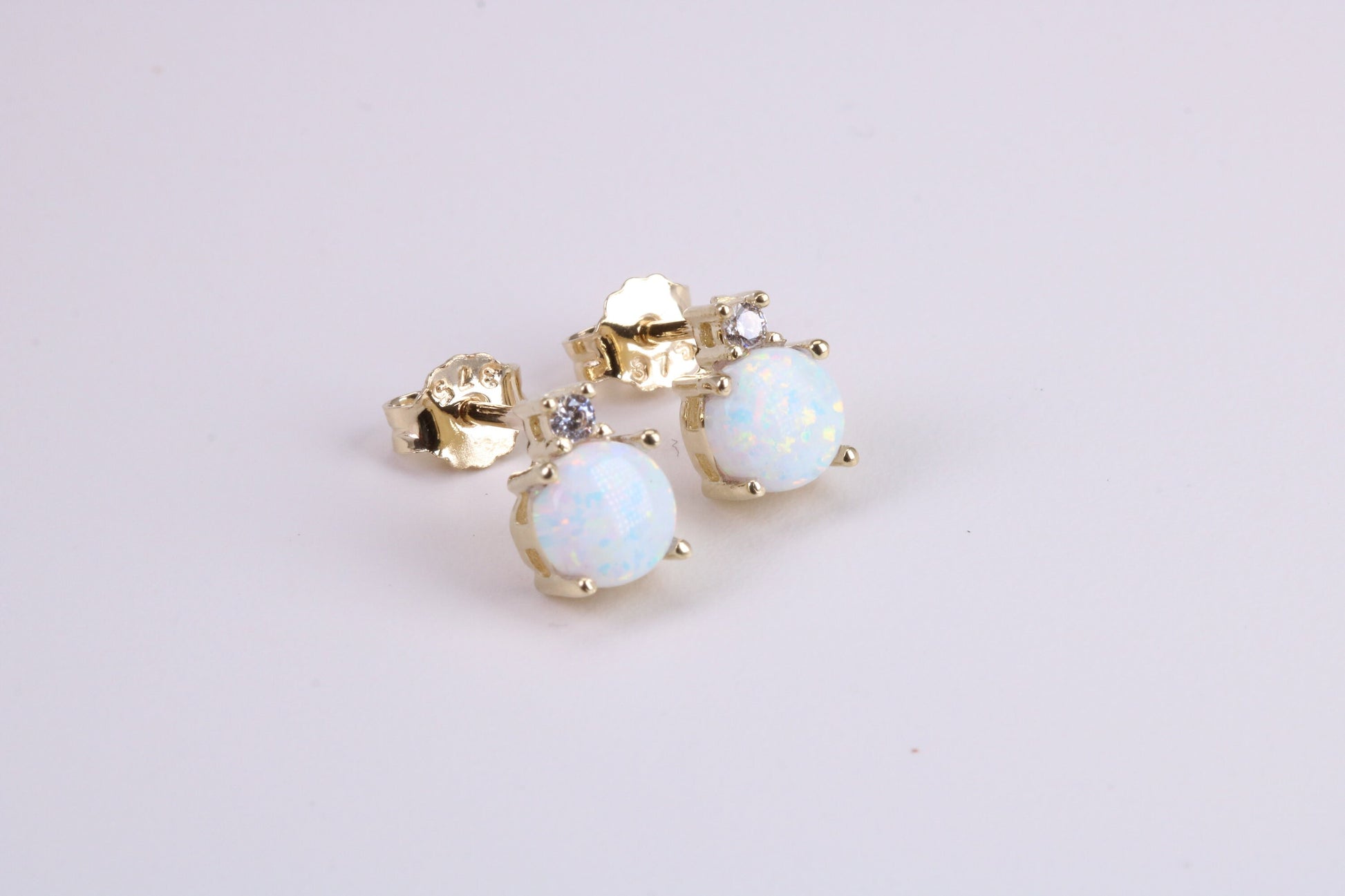 Natural Round cut Opal set and C Z set Stud Earrings Made from Solid Yellow Gold