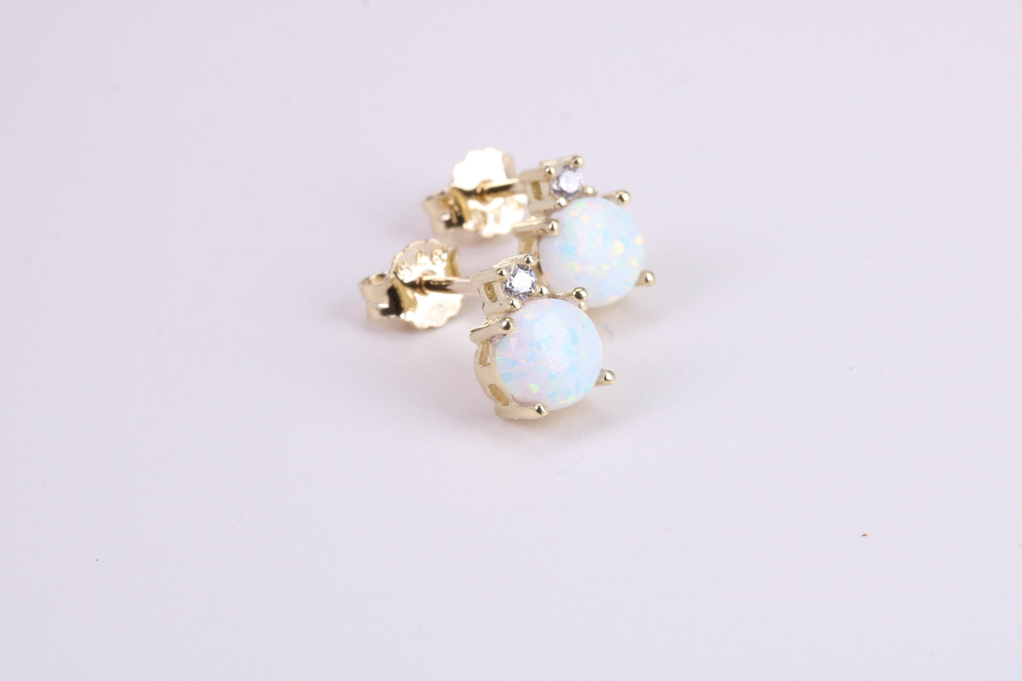 Natural Round cut Opal set and C Z set Stud Earrings Made from Solid Yellow Gold