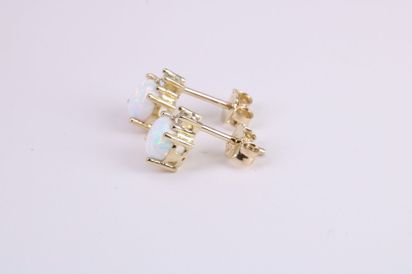 Natural Round cut Opal set and C Z set Stud Earrings Made from Solid Yellow Gold