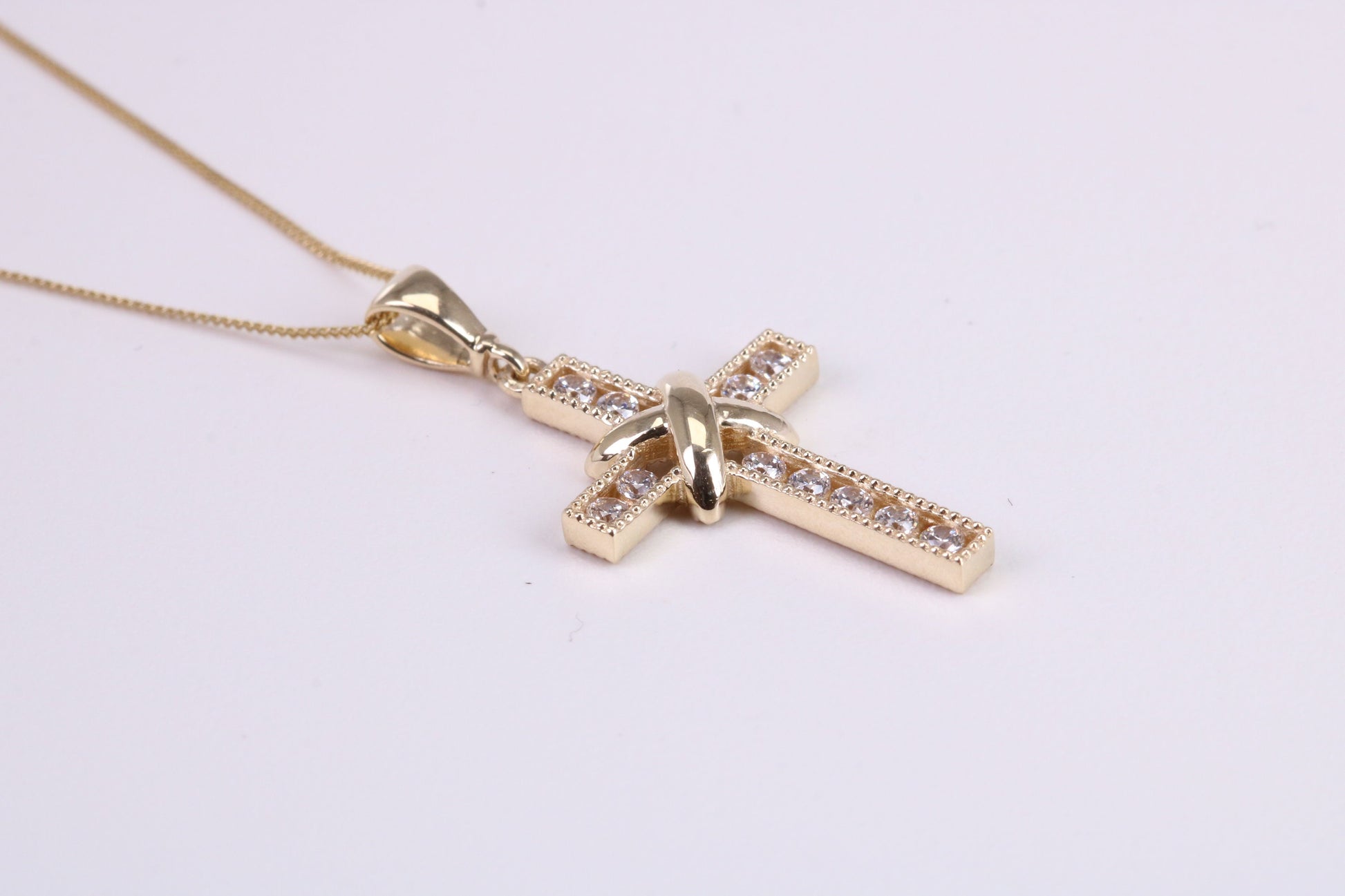 21 mm Long C Z set Cross Together with 18 Inch Long Chain, Made from Solid Yellow Gold with High Polished Finish