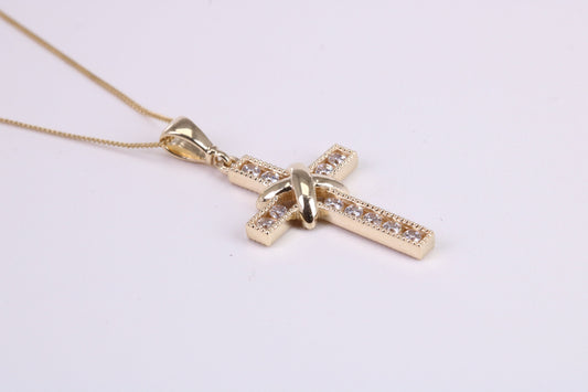 21 mm Long C Z set Cross Together with 18 Inch Long Chain, Made from Solid Yellow Gold with High Polished Finish