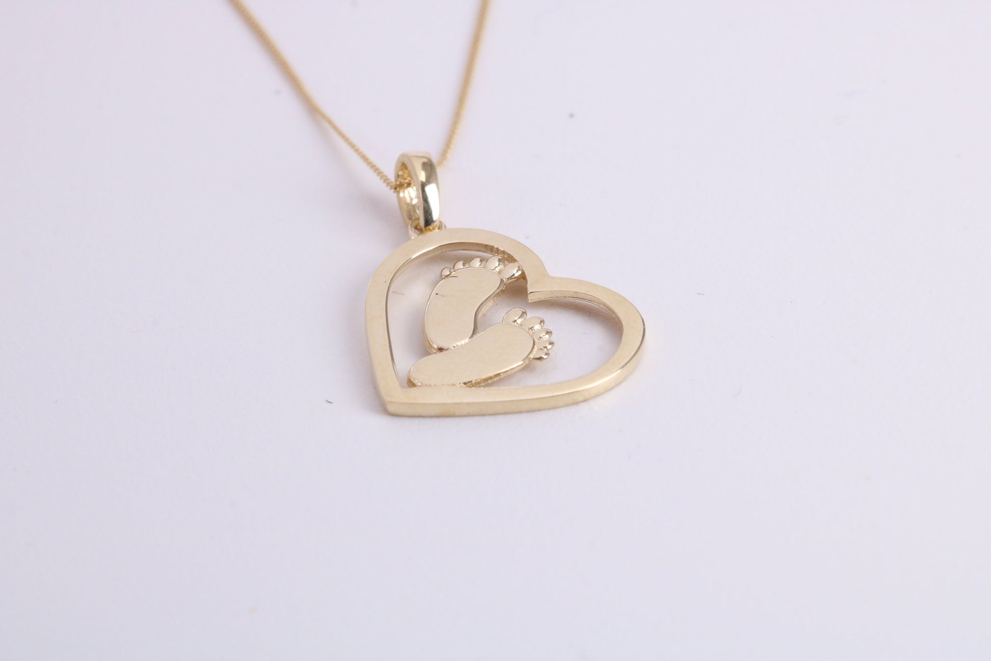 Love Heart with Footsteps Necklace Together with 18 Inch Long Chain, Made from Solid Yellow Gold with High Polished Finish