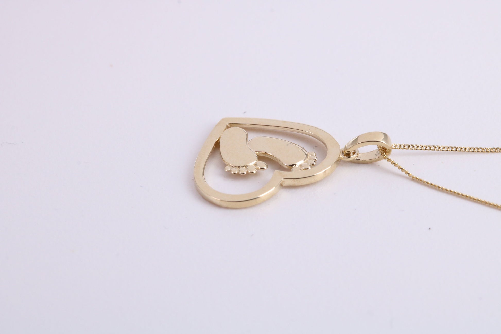 Love Heart with Footsteps Necklace Together with 18 Inch Long Chain, Made from Solid Yellow Gold with High Polished Finish