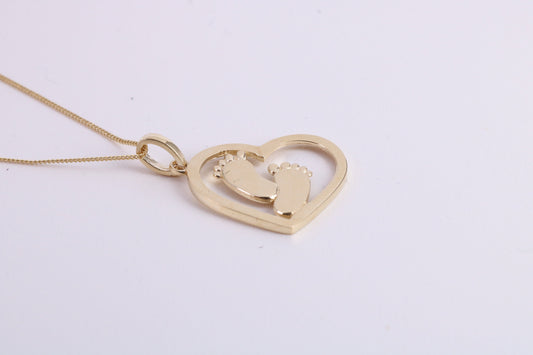 Love Heart with Footsteps Necklace Together with 18 Inch Long Chain, Made from Solid Yellow Gold with High Polished Finish
