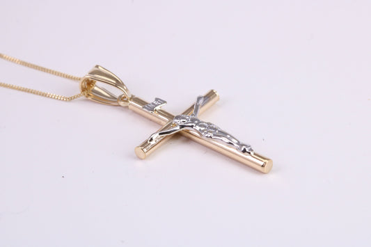 Two Tone Crucifix Necklace Together with 18 Inch Long Chain, Made from Solid Yellow Gold with High Polished Finish