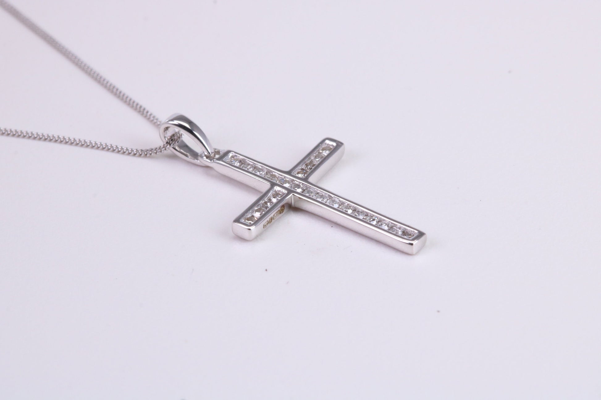 Natural Diamonds set Cross Necklace Together with 18 Inch Long Chain, Made from Solid White Gold with High Polished Finish