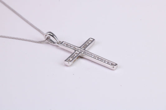 Natural Diamonds set Cross Necklace Together with 18 Inch Long Chain, Made from Solid White Gold with High Polished Finish
