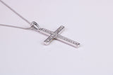 Natural Diamonds set Cross Necklace Together with 16 Inch Long Chain, Made from Solid White Gold with High Polished Finish