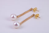 8 mm Round Natural Freshwater Pearl and C Z set Dropper Earrings set in Solid Silver with 18ct Yellow Gold Plating