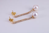 8 mm Round Natural Freshwater Pearl and C Z set Dropper Earrings set in Solid Silver with 18ct Yellow Gold Plating