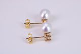 Oval Natural Freshwater Pearl and C Z set Stud Dropper Earrings set in Solid Silver and 18ct Yellow Gold Plated