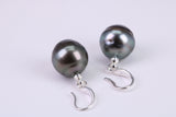 Natural Tahitian 12 mm Round Pearl Dropper Earrings set in Solid Silver