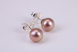 Natural 10 mm Round Coppery Pink Colour Pearl Stud Earrings set in Solid Silver