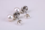 Natural 8 mm Round Pearl and Cubic Zirconia set Stud Earrings set in Solid Silver