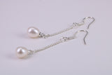 35 mm Long Natural Pearl Dropper Earrings set in Solid Silver