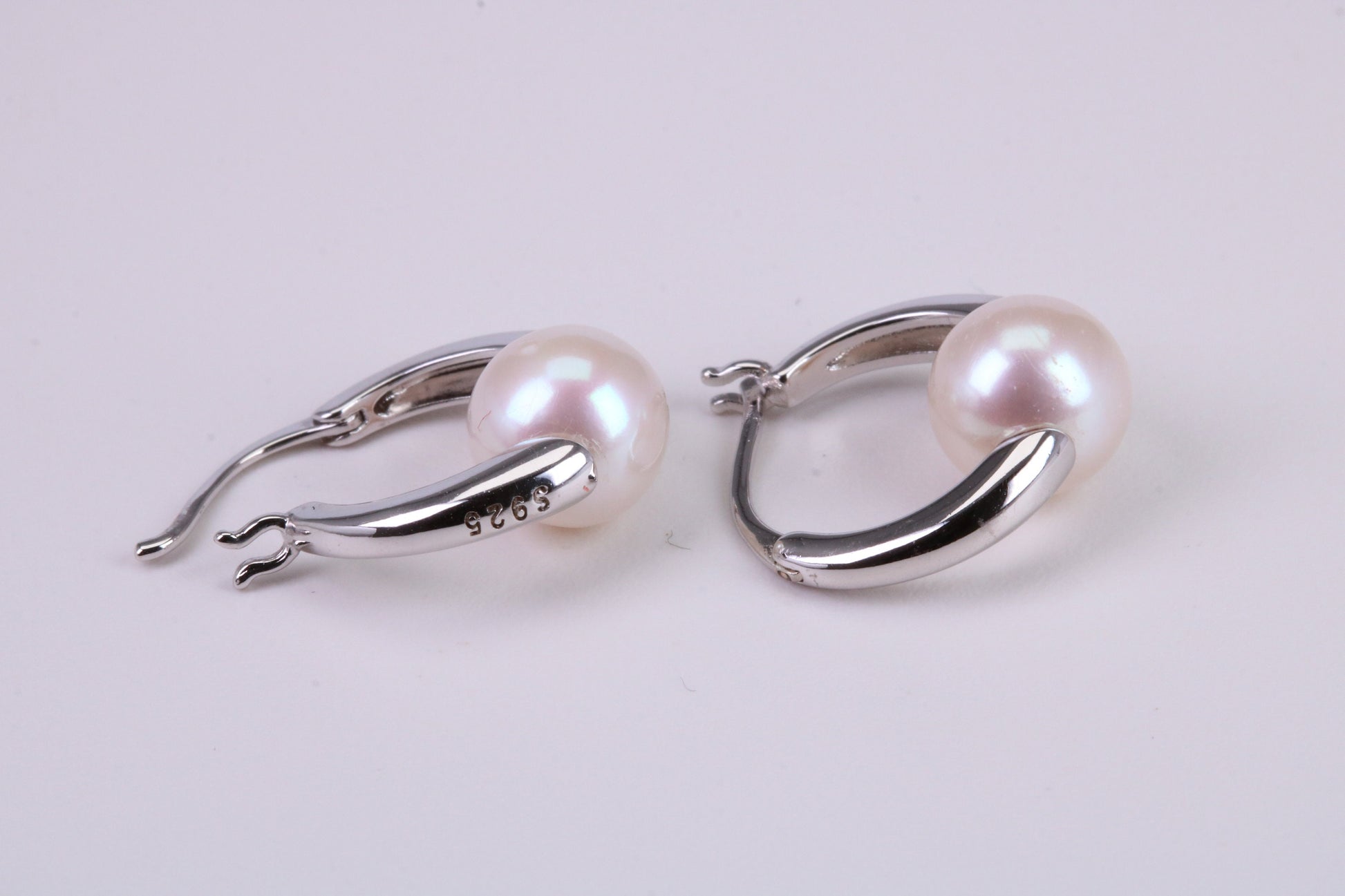 Natural 8 mm Round Pearl set Dropper Hoop Earrings set in Solid Silver