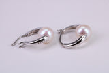 Natural 8 mm Round Pearl set Dropper Hoop Earrings set in Solid Silver