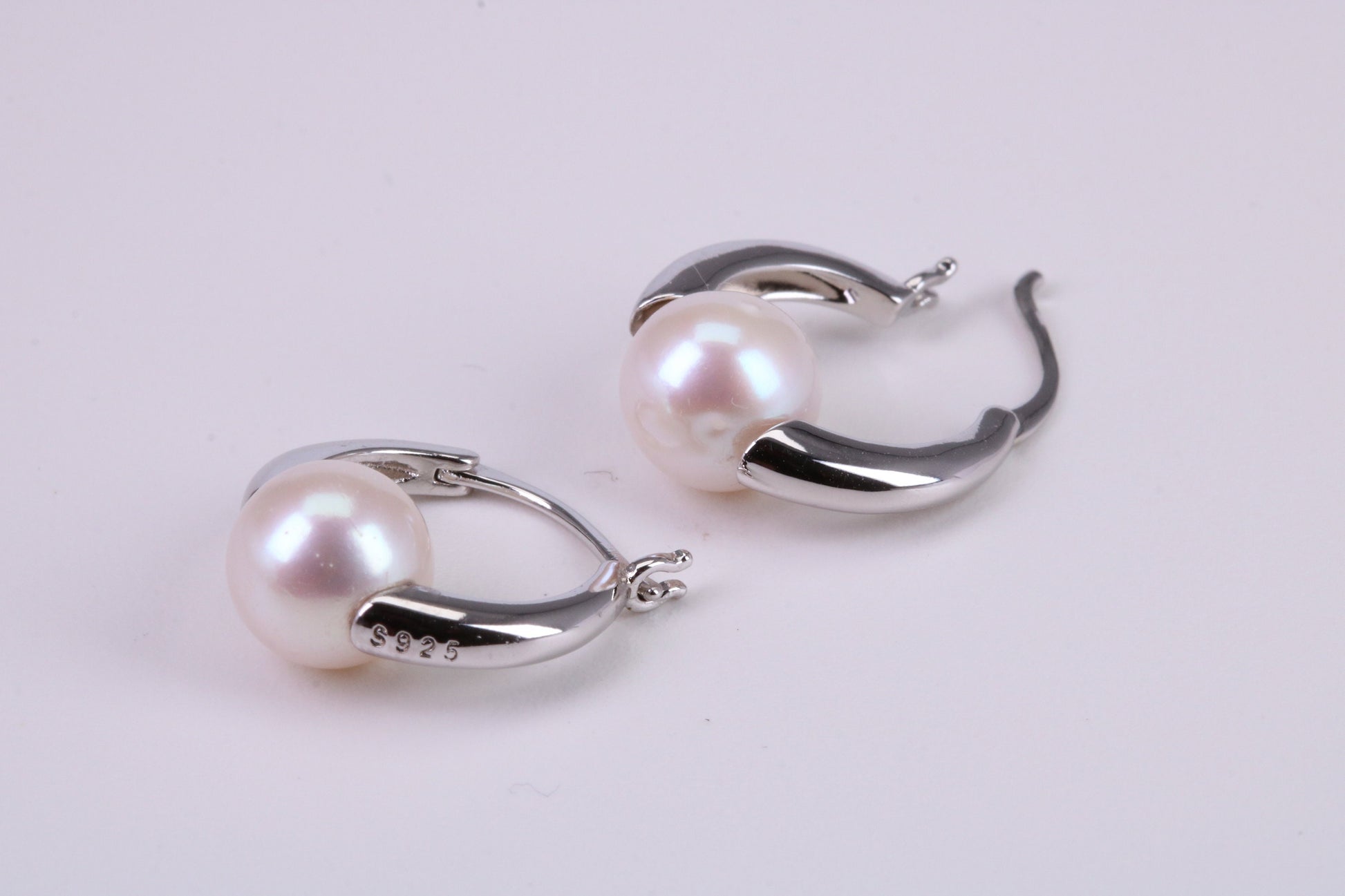 Natural 8 mm Round Pearl set Dropper Hoop Earrings set in Solid Silver