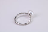 Natural 8 mm Round Pearl and Cubic Zirconia set Ring set in Solid Silver