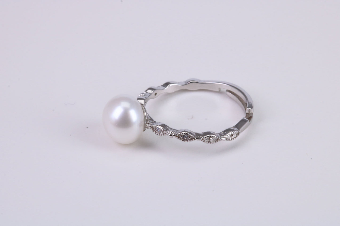 Natural 8 mm Round Pearl and Cubic Zirconia set Ring set in Solid Silver
