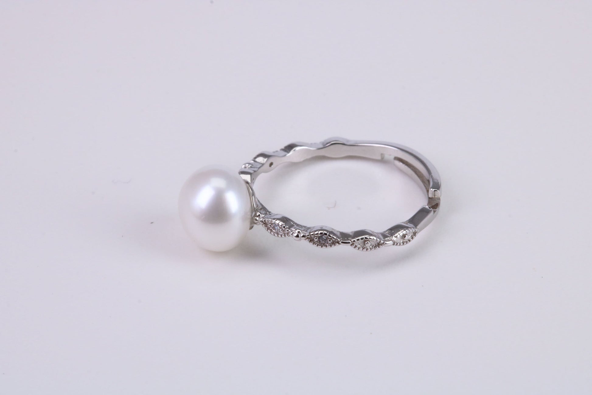 Natural 8 mm Round Pearl and Cubic Zirconia set Ring set in Solid Silver