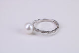 Natural 8 mm Round Pearl and Cubic Zirconia set Ring set in Solid Silver