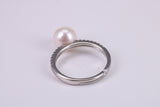 Natural 8 mm Round Pearl and Cubic Zirconia set Ring set in Solid Silver