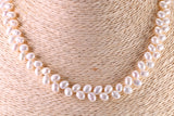 Natural 5 mm Rice Pearl Necklace set in Silver, Double Stranded and Measures 16 inches Long