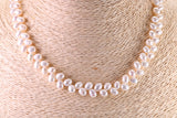 Natural 5 mm Rice Pearl Necklace set in Silver, Double Stranded and Measures 16 inches Long